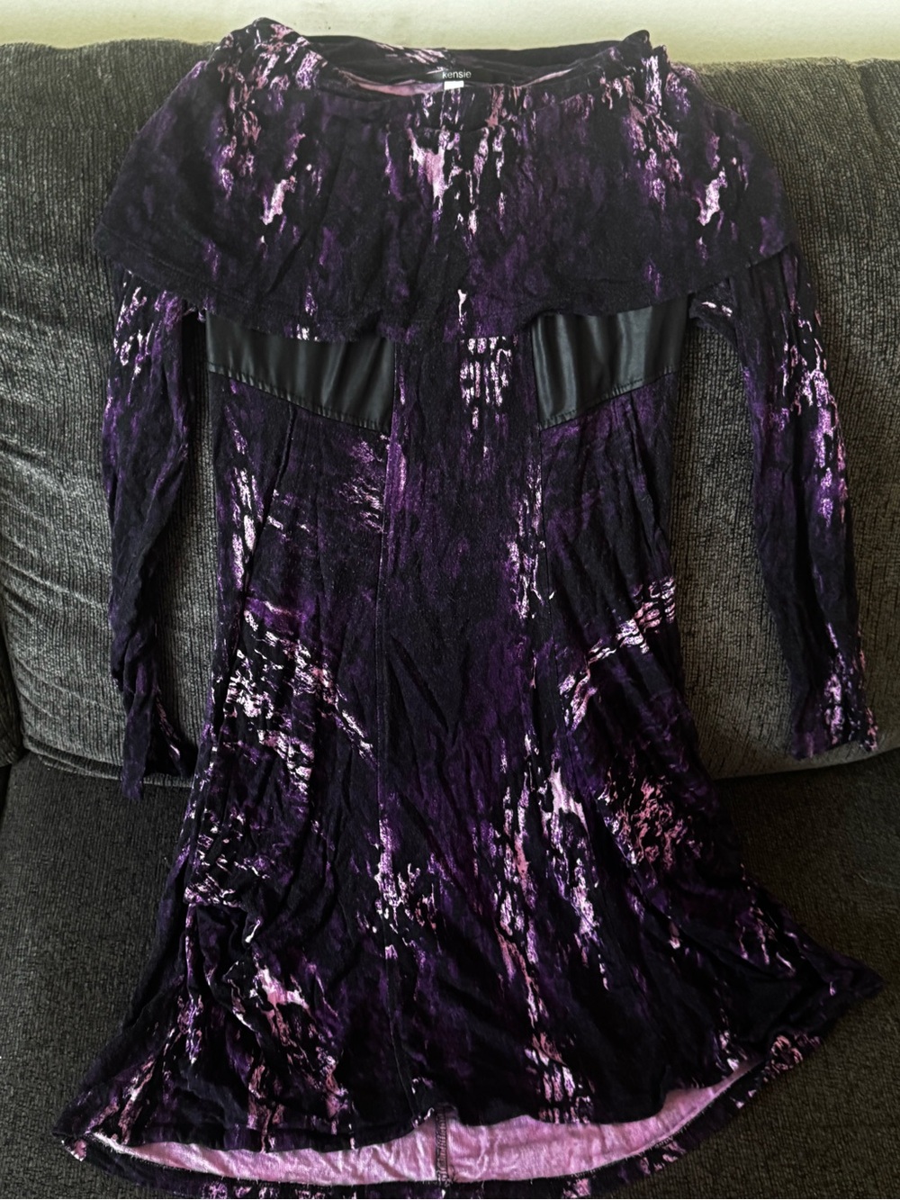 Kenzie Purple Marble-Print Long Sleeve Dress with Black Trim